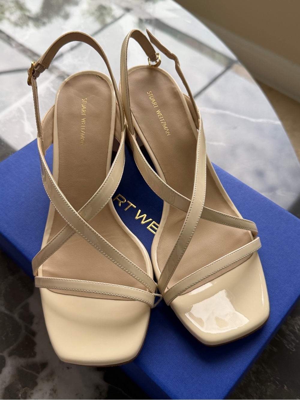Stuart Weitzman Beige Patent Strappy Slingback Heels